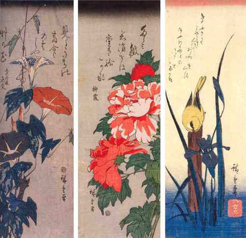 Stampe di Hiroshige. Al centro Peonia di Hiroshige